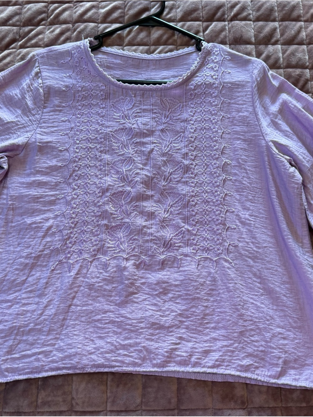 Lilac Embroidered Cotton Peasant Blouse Puff Sleeve Boho Top